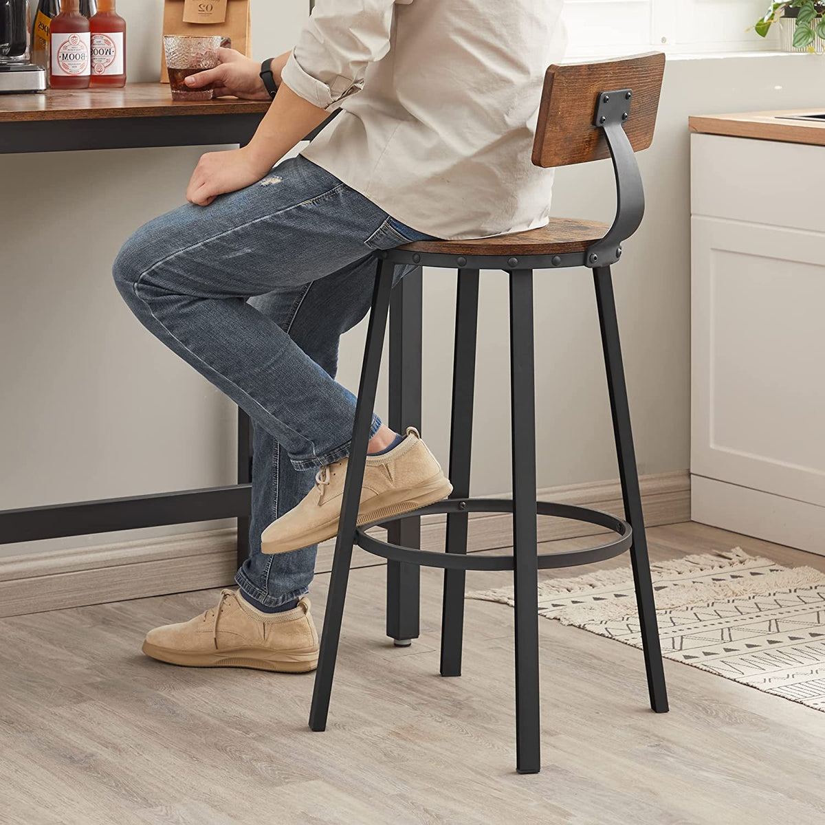 Set of 2 Industrial Brown Bar Stools with Backrests - image 6