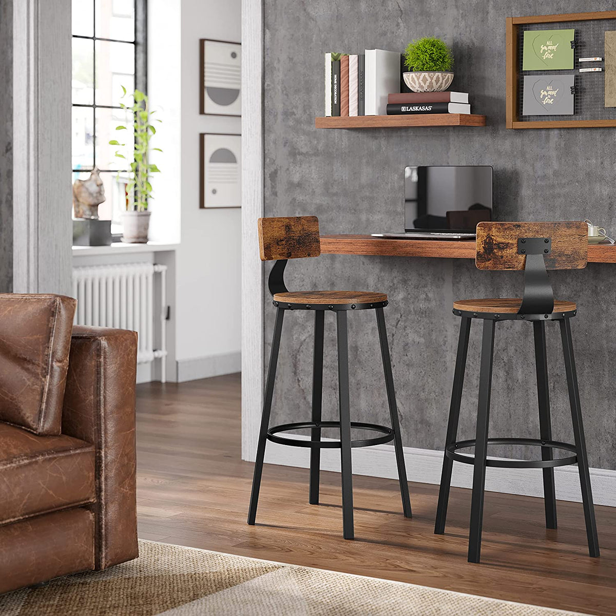 Set of 2 Industrial Brown Bar Stools with Backrests - image 7