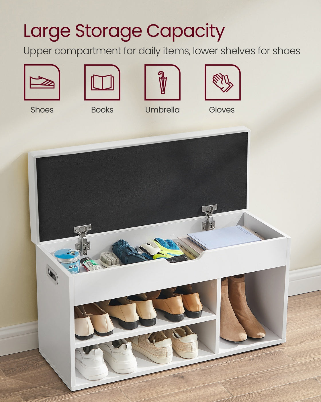 Shoe Bench with Cushion 3 Compartments White - image 5