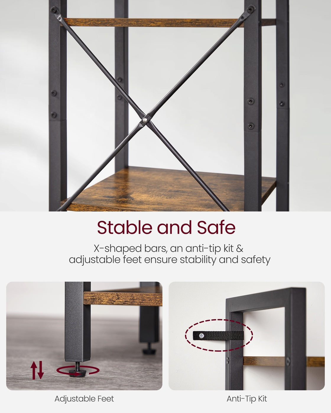 6-Tier Bookshelf, 30 x 40 x 187.5 cm, Rustic Brown and Ink Black - image 3