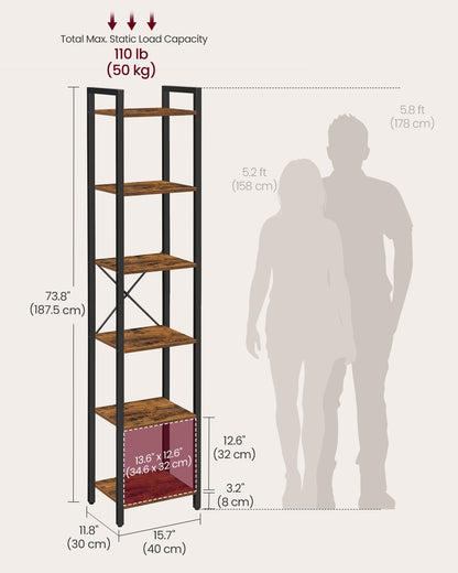 6-Tier Bookshelf, 30 x 40 x 187.5 cm, Rustic Brown and Ink Black - image 6