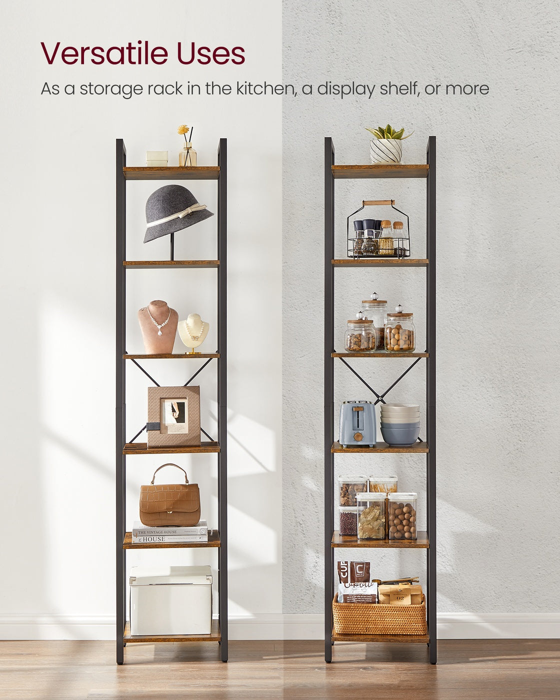 6-Tier Bookshelf, 30 x 40 x 187.5 cm, Rustic Brown and Ink Black - image 8
