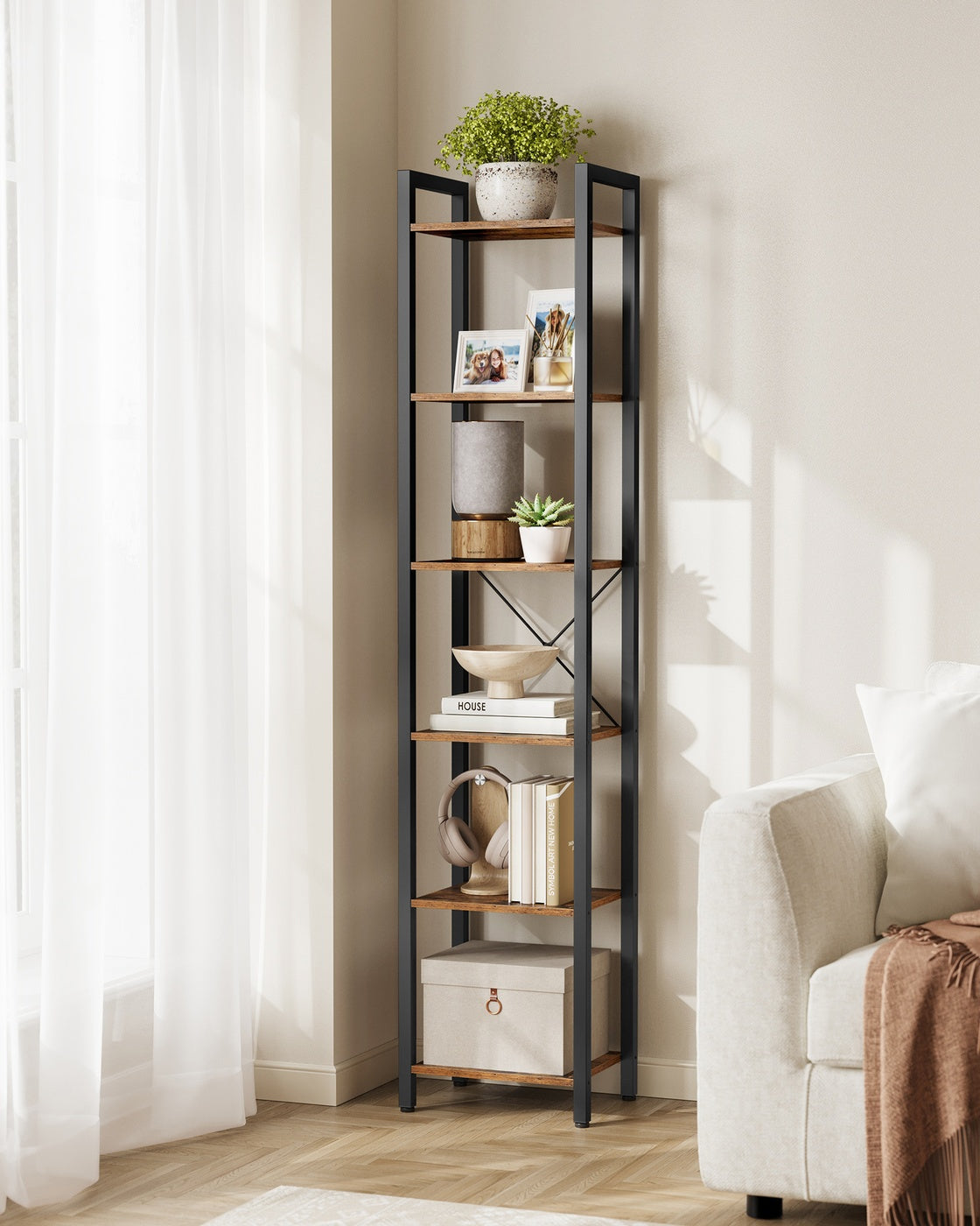 6-Tier Bookshelf, 30 x 40 x 187.5 cm, Rustic Brown and Ink Black - image 9