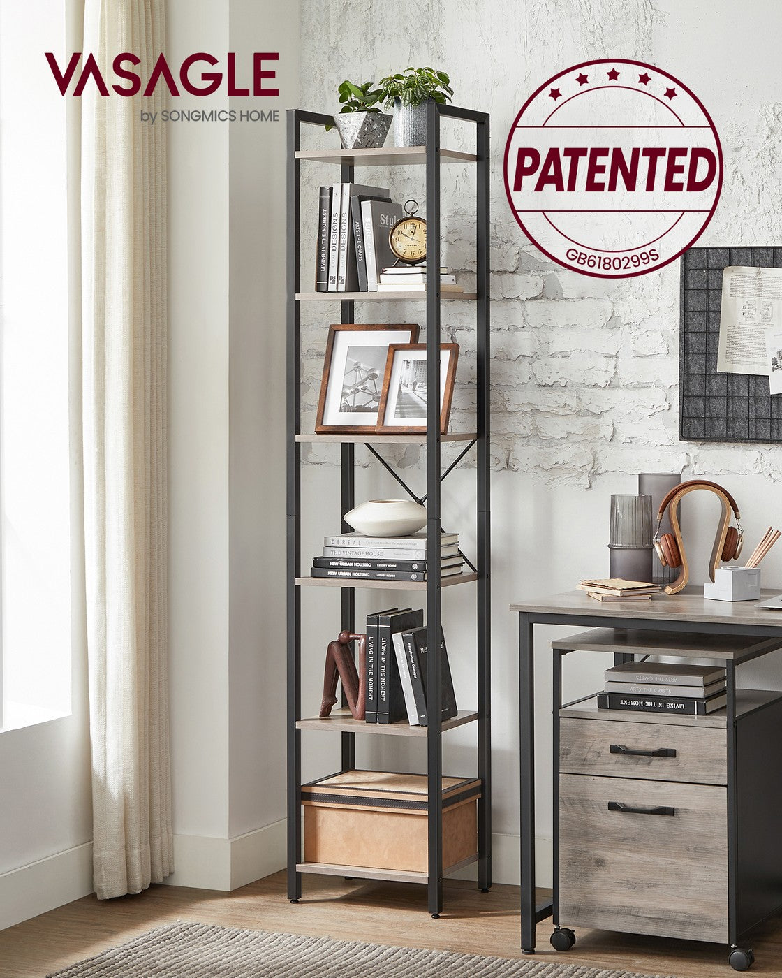 6-Tier Bookshelf, 30 x 40 x 187.5 cm, Rustic Brown and Ink Black - image 12