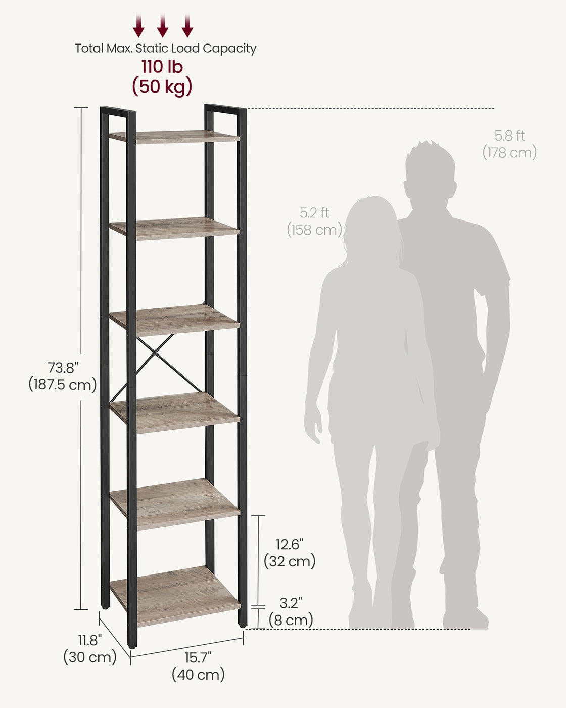 6-Tier Bookshelf, 30 x 40 x 187.5 cm, Rustic Brown and Ink Black - image 17