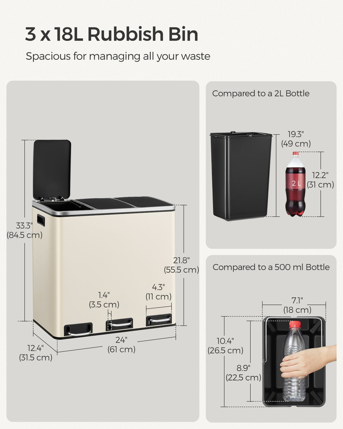 3 x 18L Kitchen Pedal Bin Sand Beige - image 6