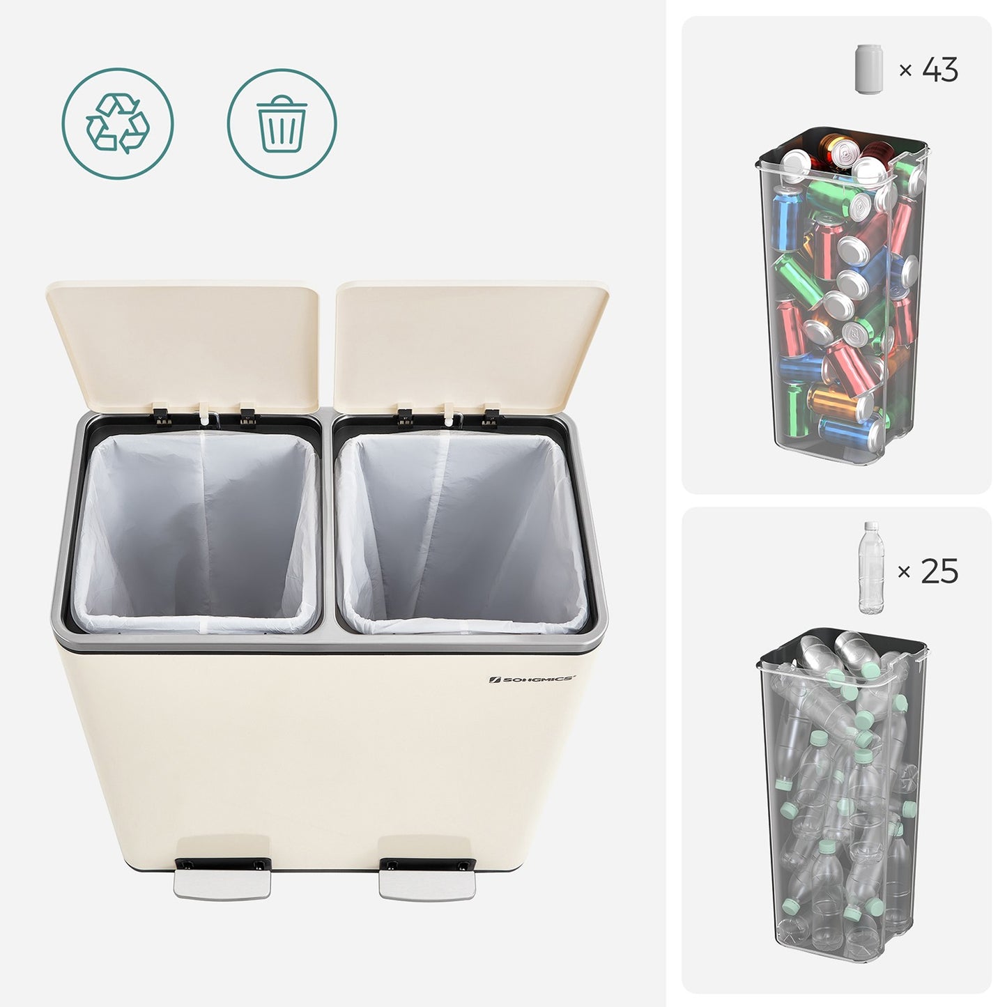 Cream Colour Step-Open Waste Bins with 2 Inner Buckets - image 6