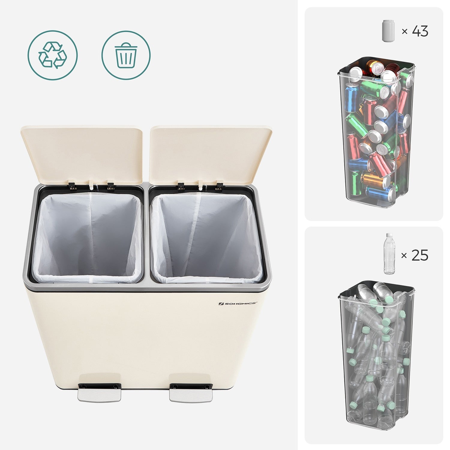 Cream Colour Step-Open Waste Bins with 2 Inner Buckets - image 6