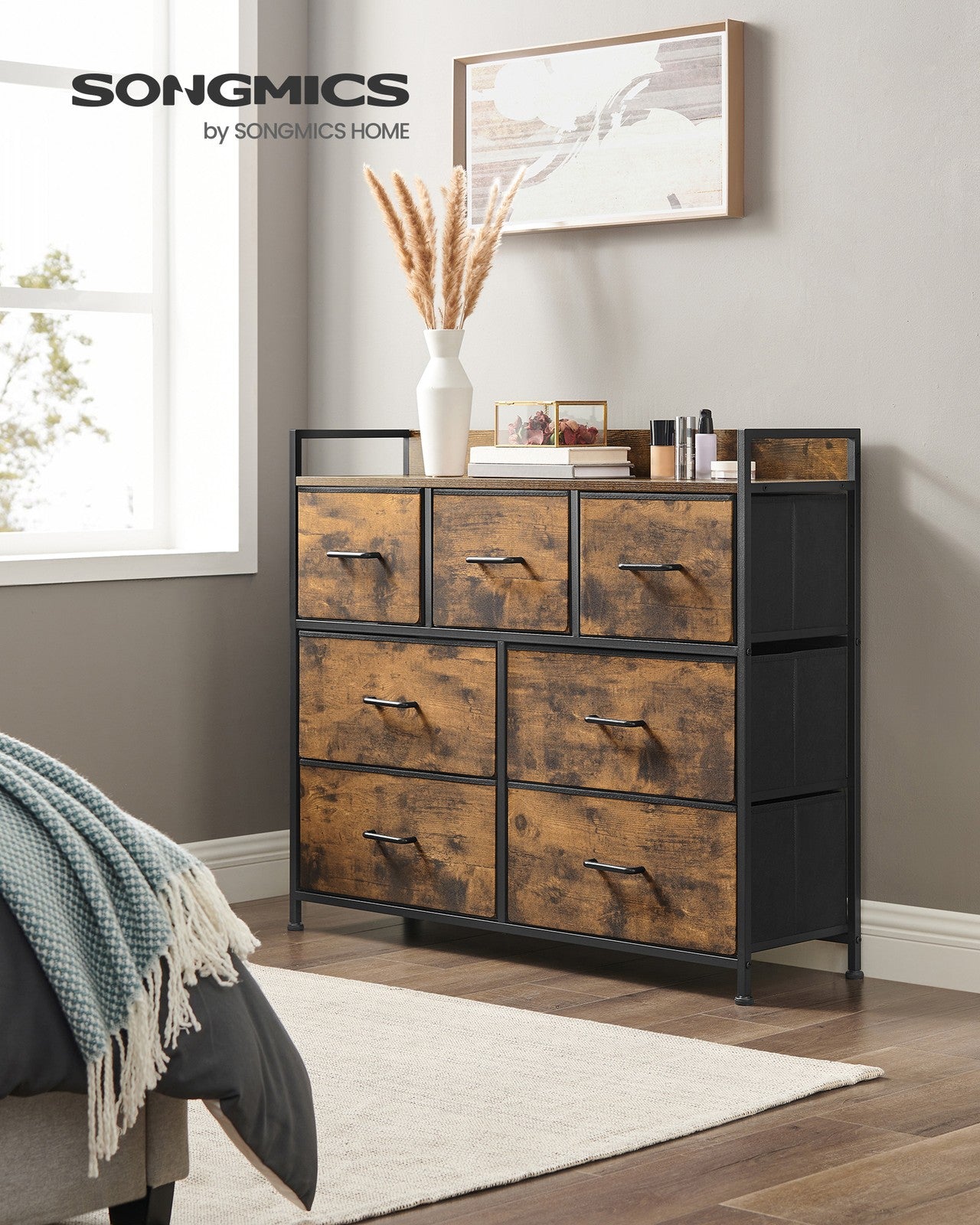 Chest of Drawers 7 Fabric Drawers with Handles Rustic Brown and Ink Black - image 3