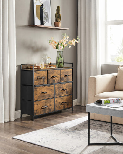 Chest of Drawers 7 Fabric Drawers with Handles Rustic Brown and Ink Black - image 9