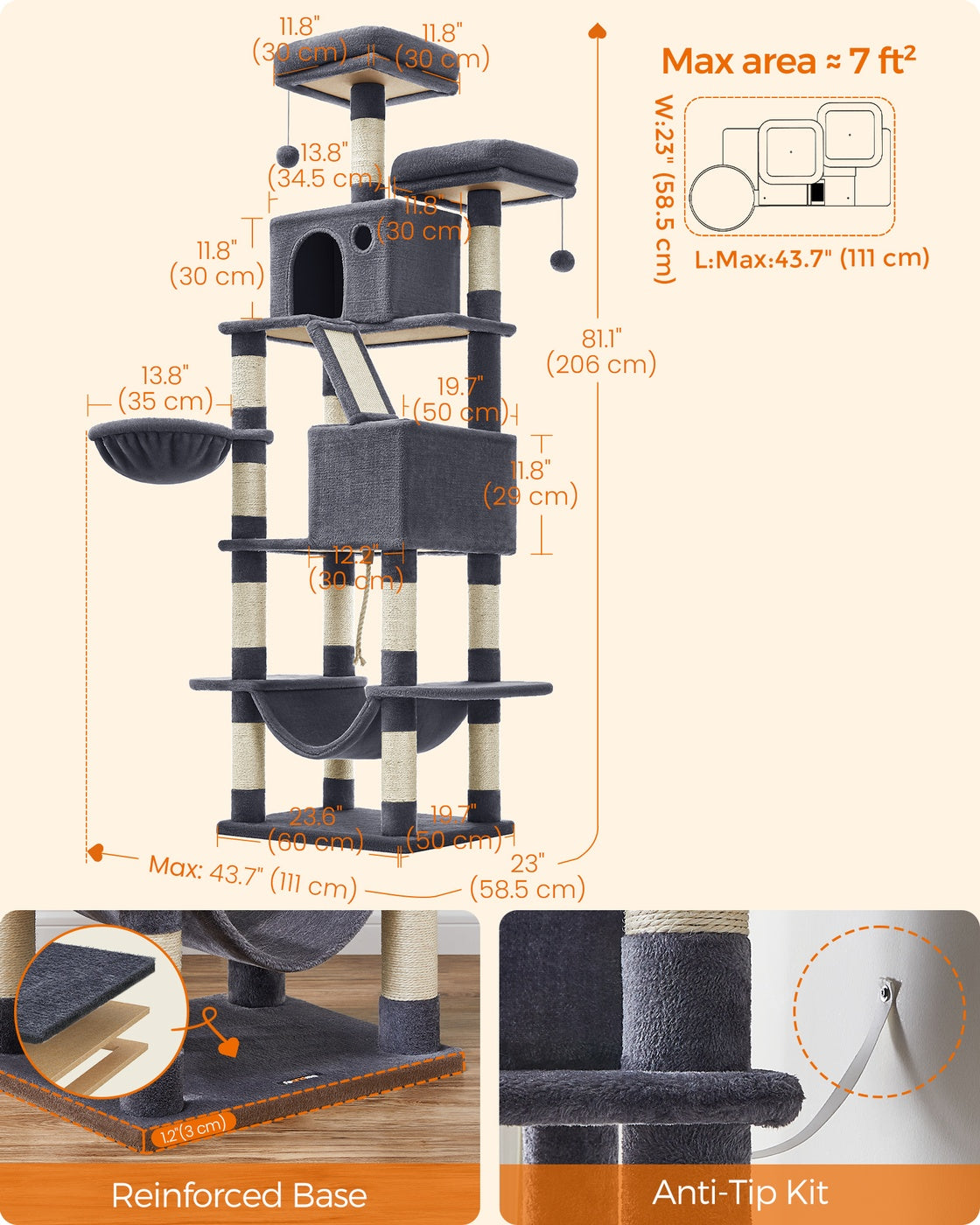 206 cm Large Cat Tower with 13 Scratching Posts - image 6
