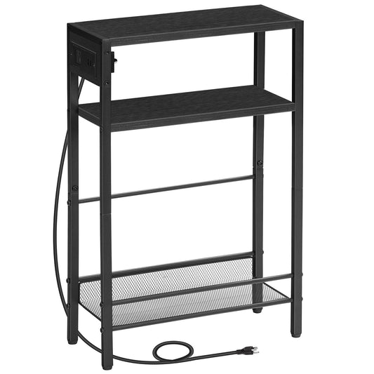 Small Narrow Side Table with Charging Station with Storage - Black