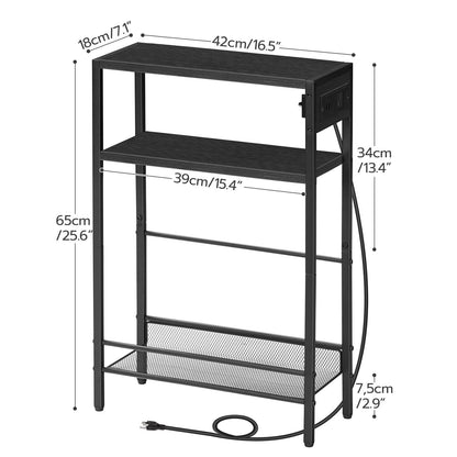 Small Narrow Side Table with Charging Station with Storage - Black