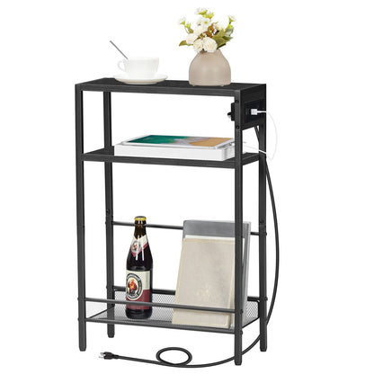 Small Narrow Side Table with Charging Station with Storage - Black