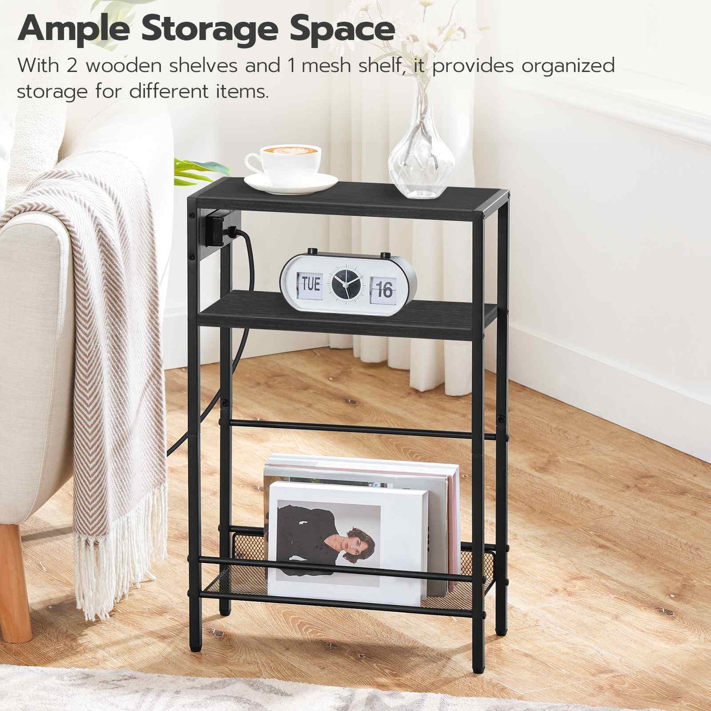 Small Narrow Side Table with Charging Station with Storage - Black