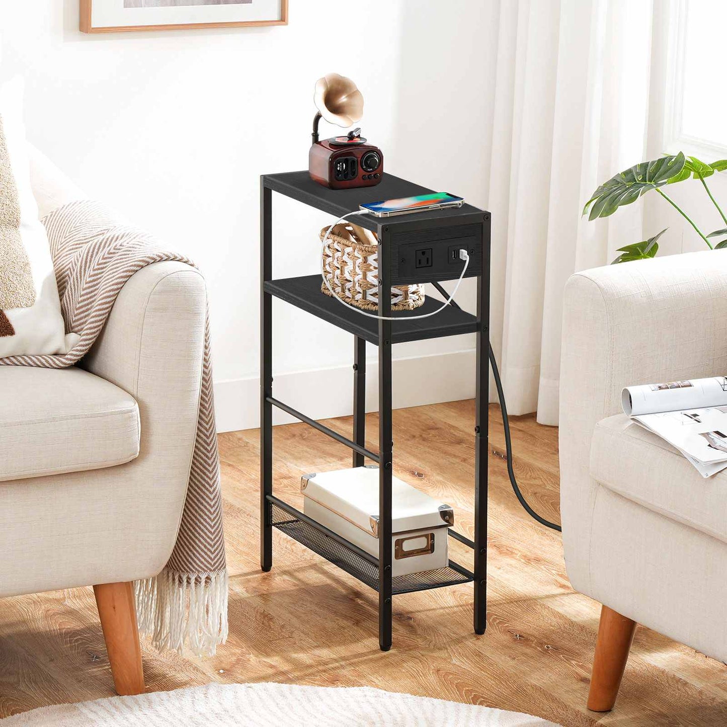 Small Narrow Side Table with Charging Station with Storage - Black