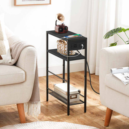 Small Narrow Side Table with Charging Station with Storage - Black