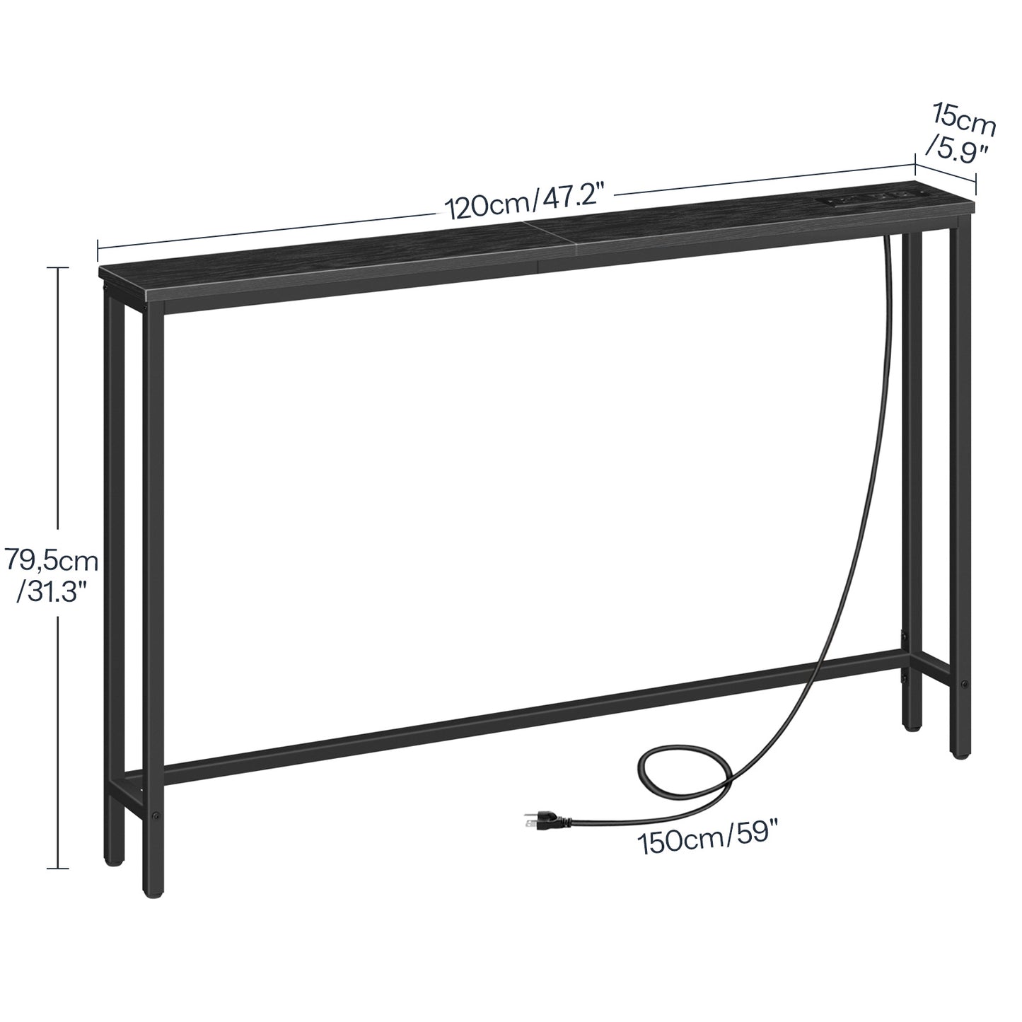 Console Table with Power Outlets, Charging Station - Black