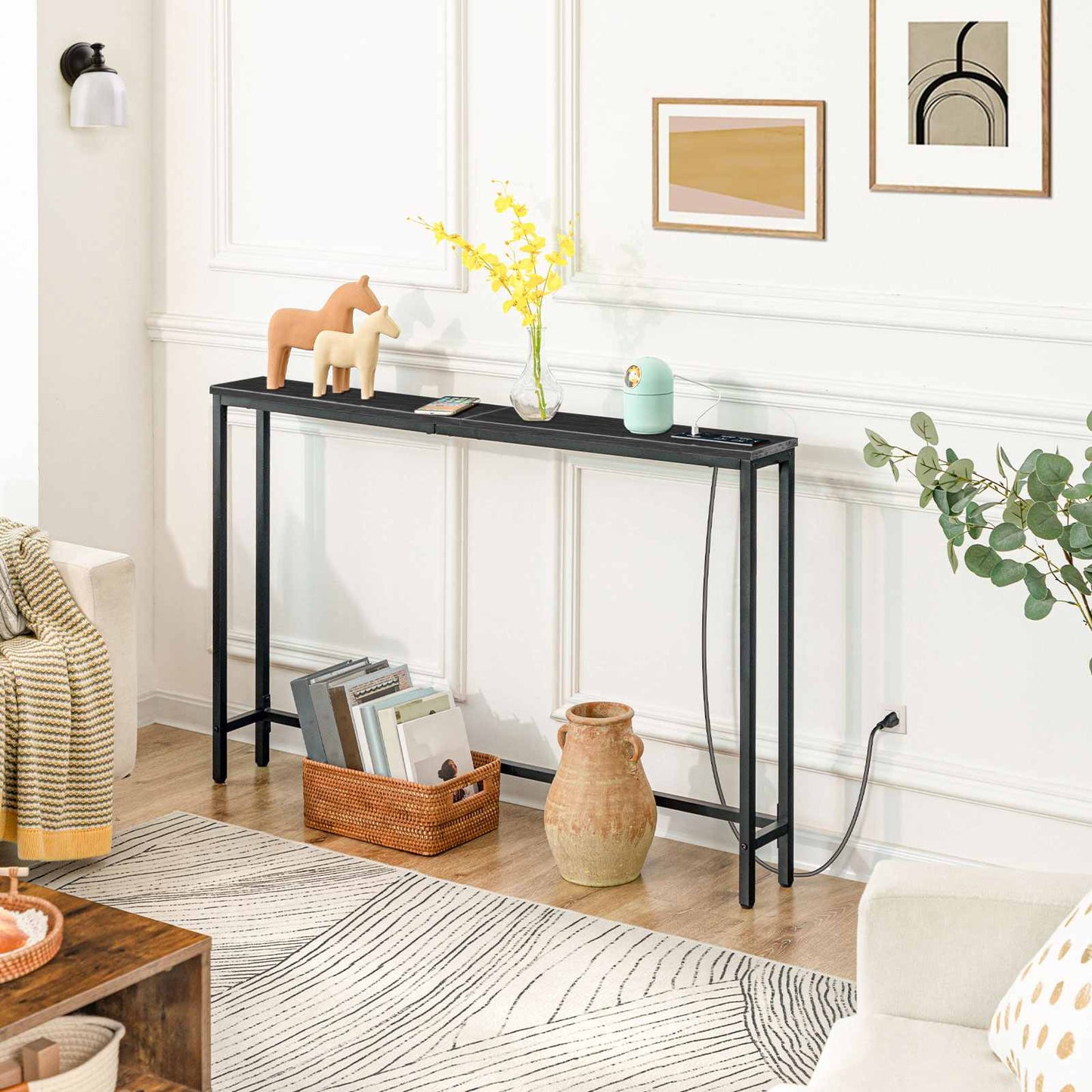 Console Table with Power Outlets, Charging Station - Black