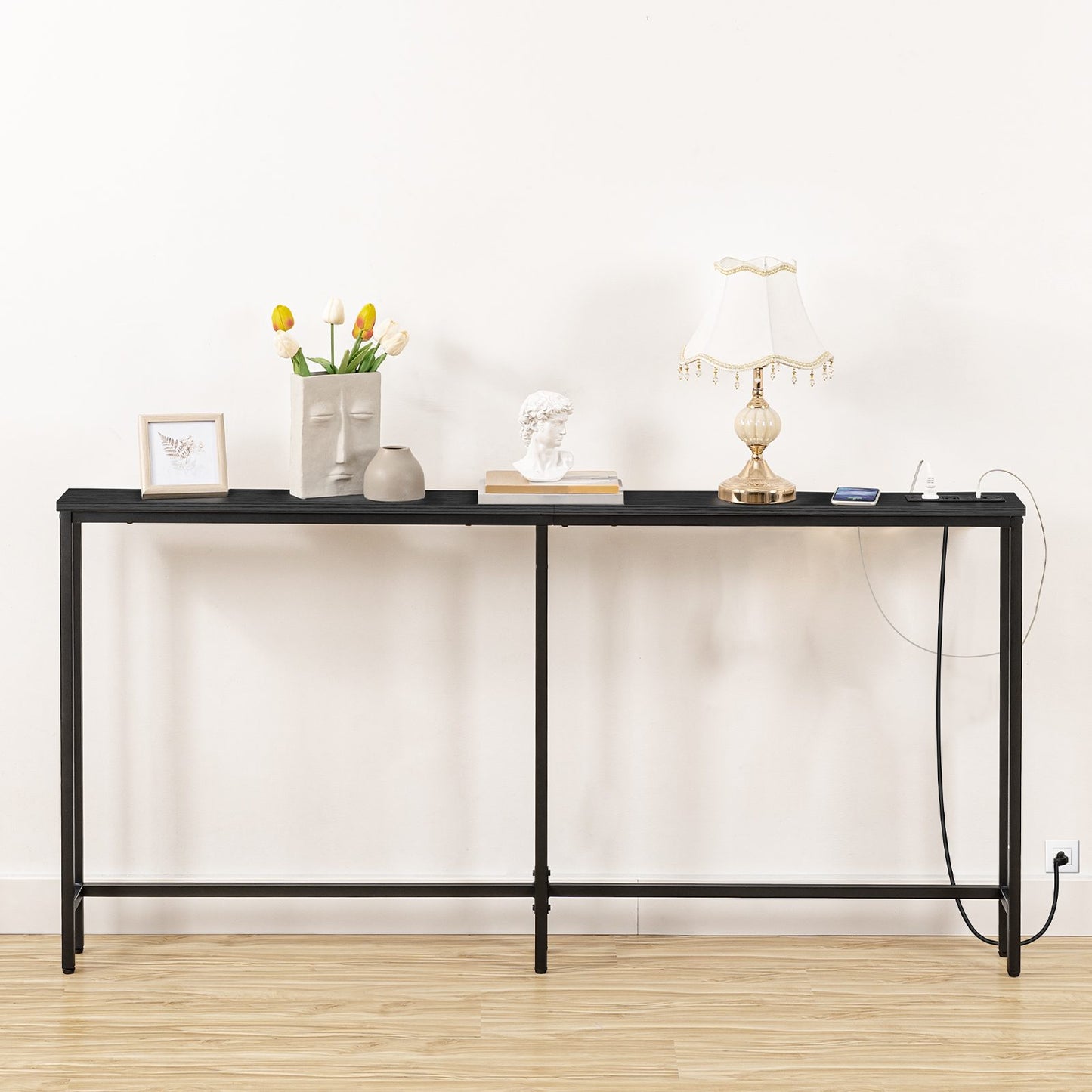 Console Table with Power Outlets, Charging Station - Black - HWLEXTRA 