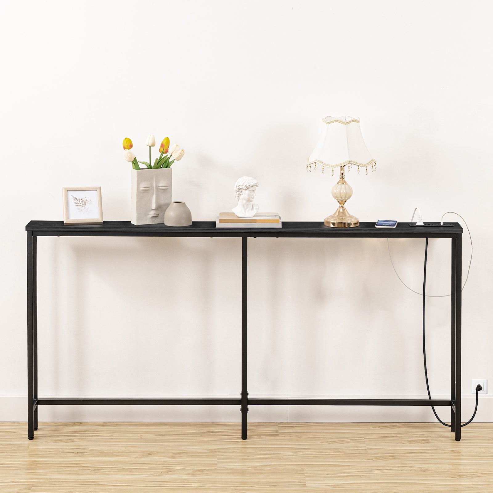 Console Table with Power Outlets, Charging Station - Black - HWLEXTRA 