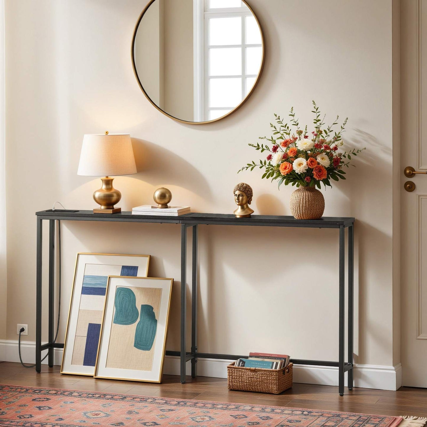Console Table with Power Outlets, Charging Station - Black - HWLEXTRA 