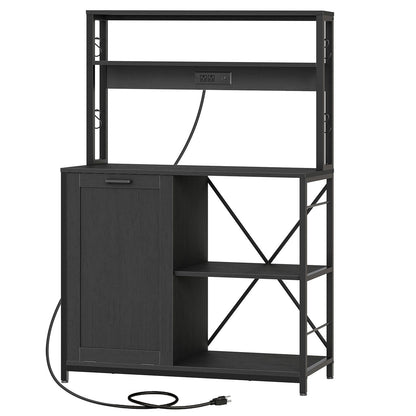 Bakers Rack with Power Outlet Microwave Stand, Coffee Bar - Black