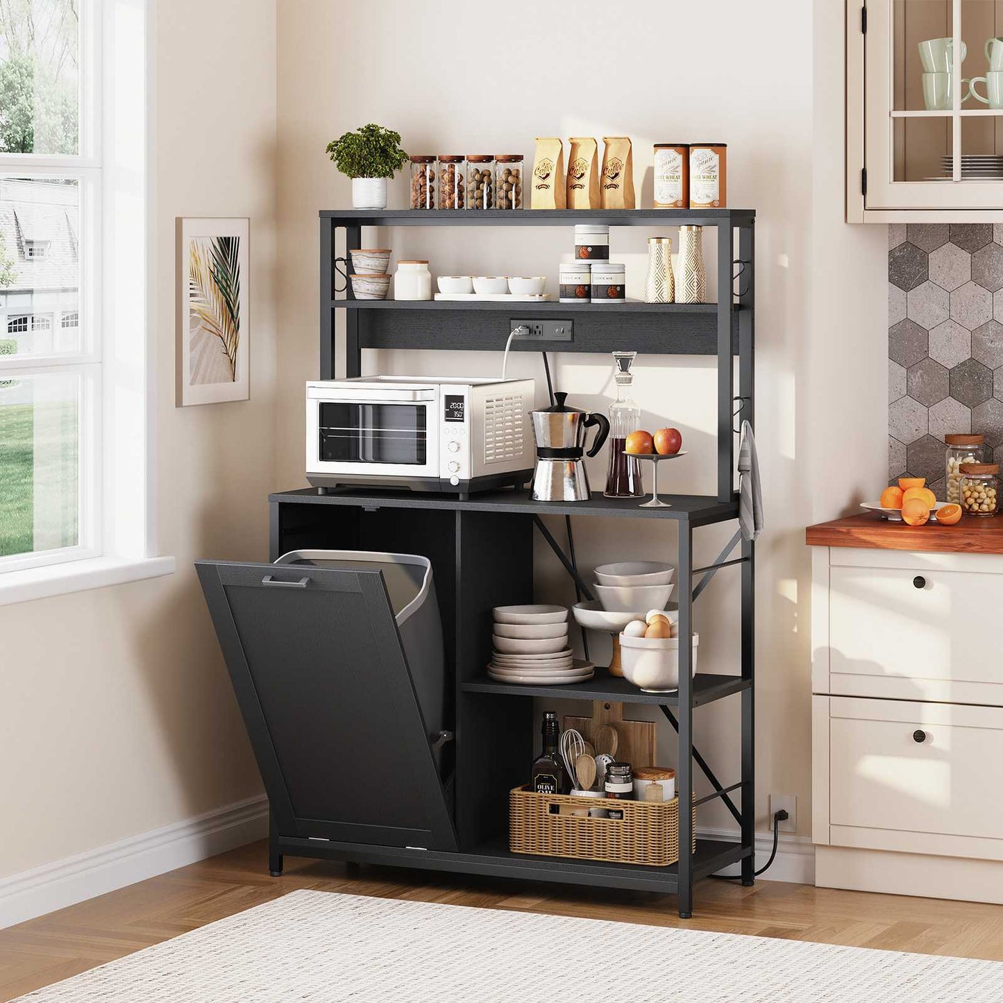 Bakers Rack with Power Outlet Microwave Stand, Coffee Bar - Black