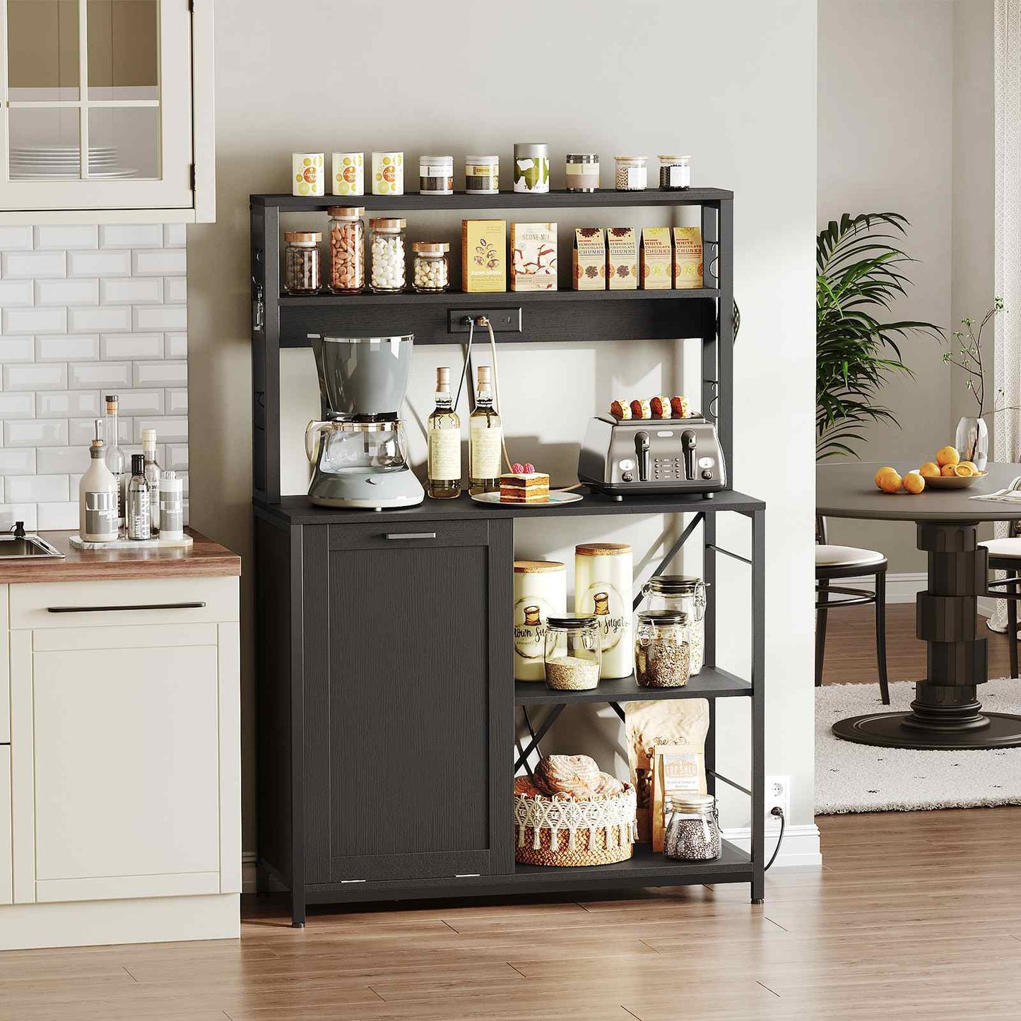 Bakers Rack with Power Outlet Microwave Stand, Coffee Bar - Black
