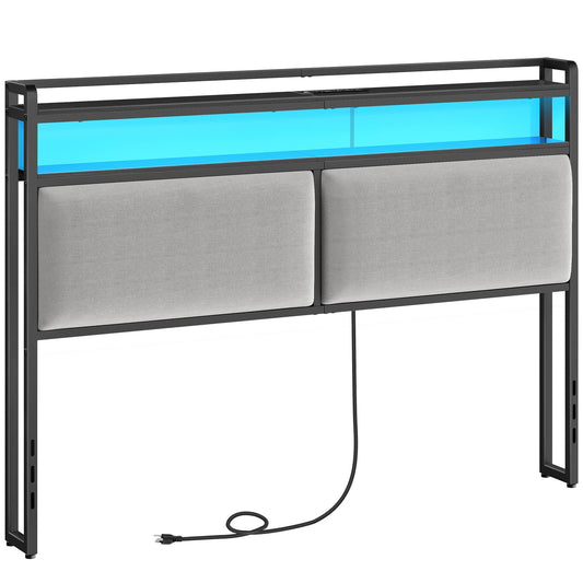 Queen Size Upholstered Headboard Charging Station - Black and