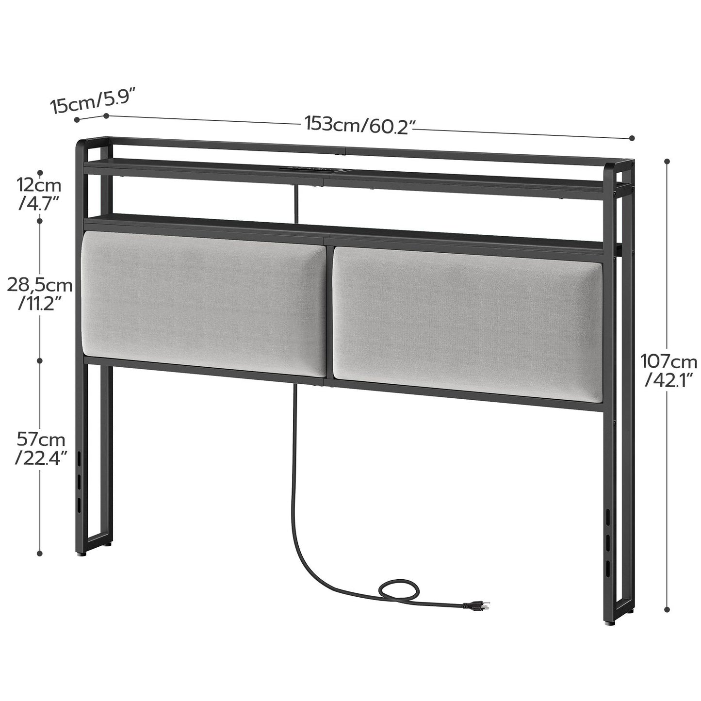 Queen Size Upholstered Headboard Charging Station - Black and