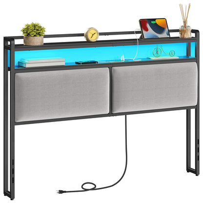 Queen Size Upholstered Headboard Charging Station - Black and