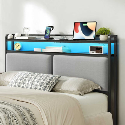 Queen Size Upholstered Headboard Charging Station - Black and