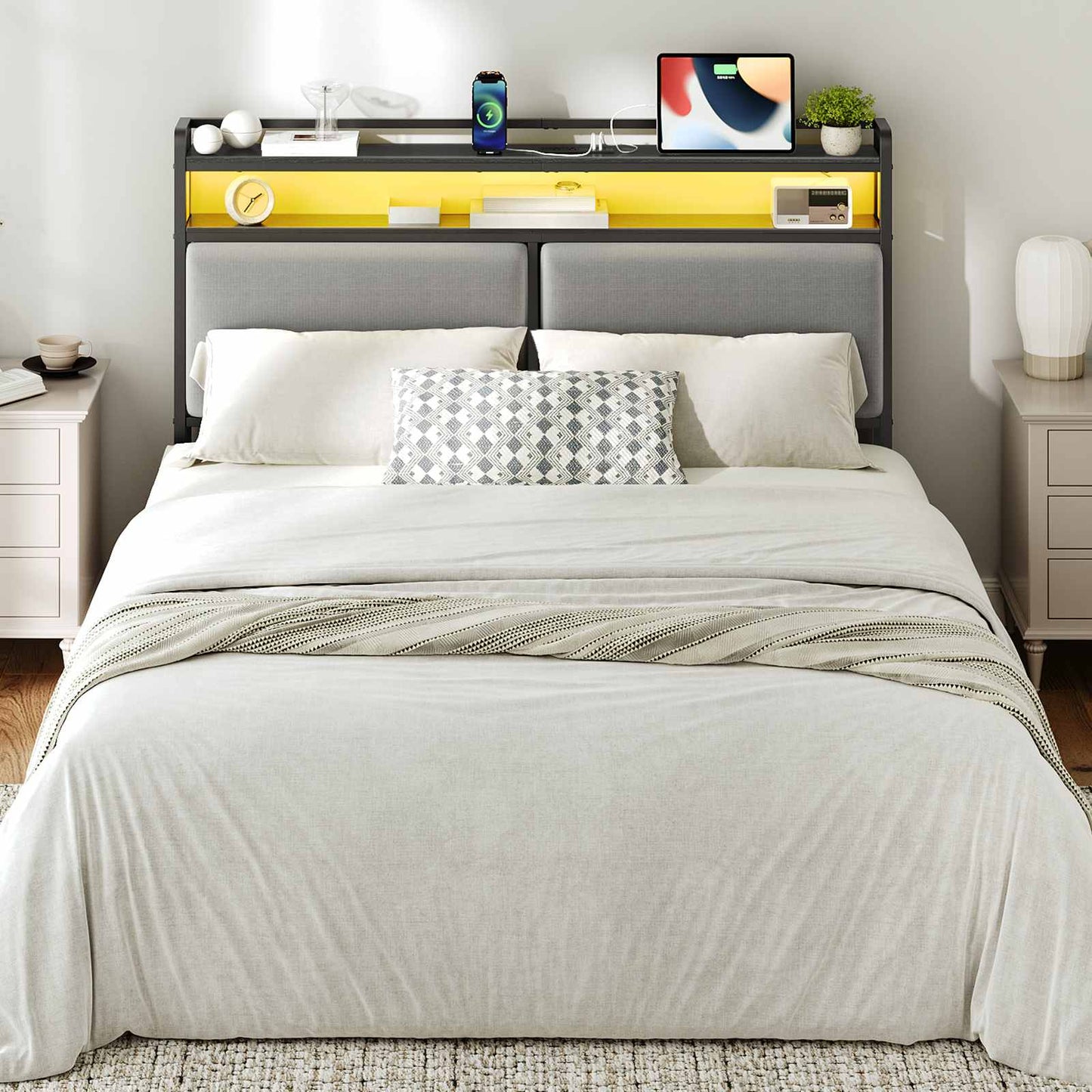Queen Size Upholstered Headboard Charging Station - Black and