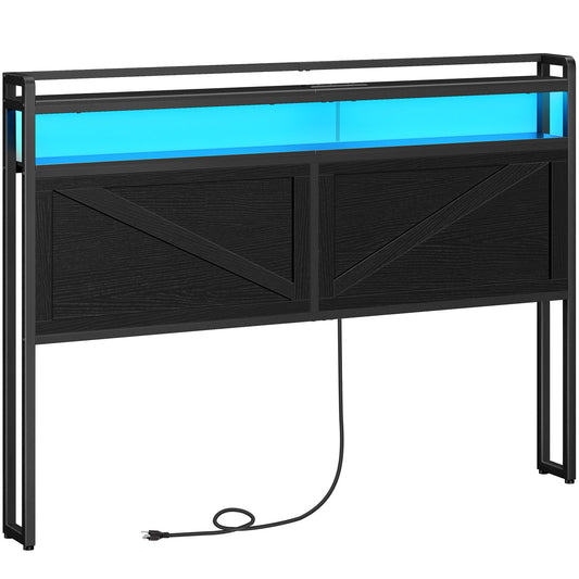 Queen Size Headboard with Charging Station, LED - Black - HWLEXTRA 