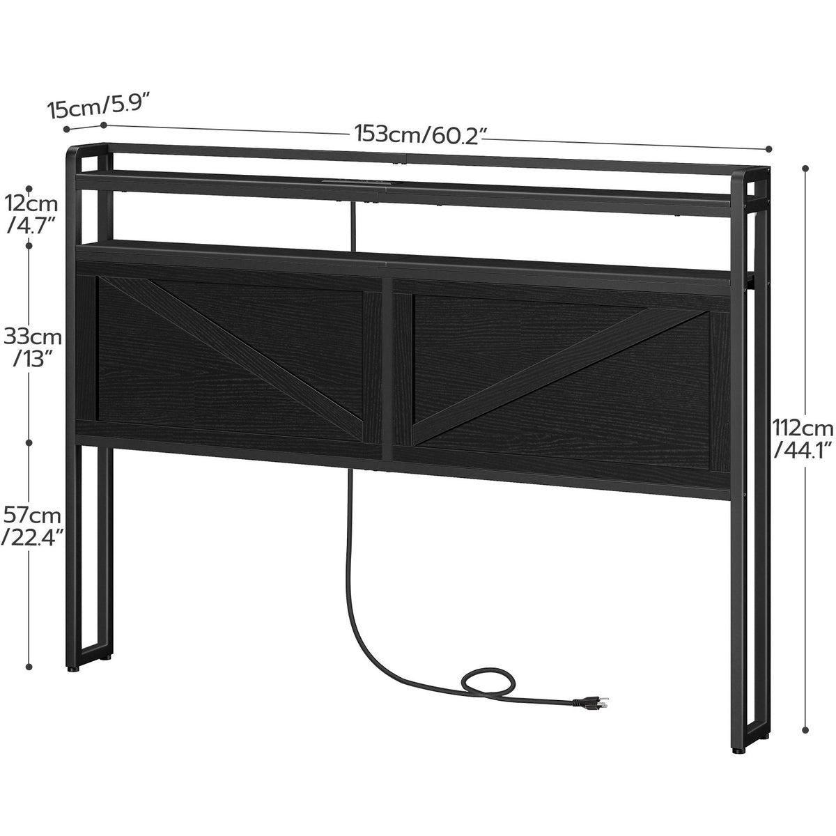 Queen Size Headboard with Charging Station, LED - Black - HWLEXTRA 