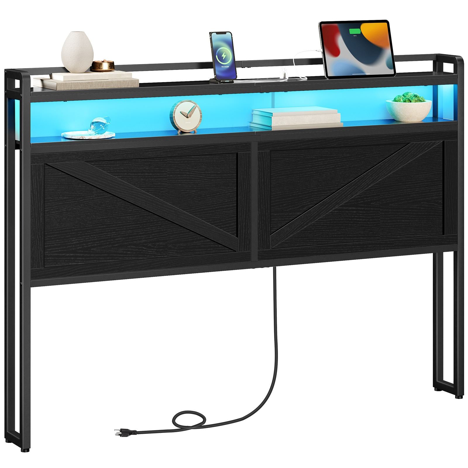 Queen Size Headboard with Charging Station, LED - Black - HWLEXTRA 