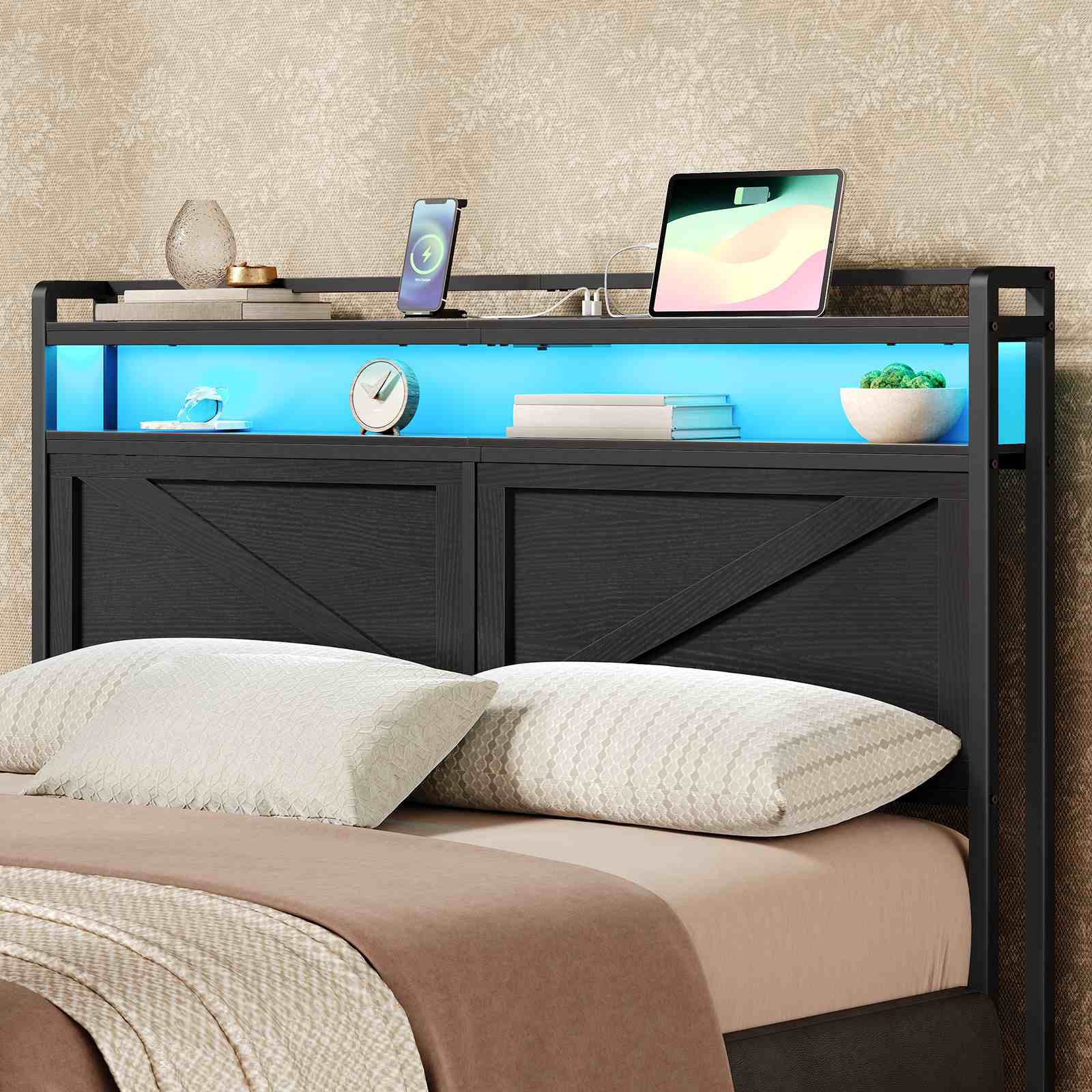 Queen Size Headboard with Charging Station, LED - Black - HWLEXTRA 