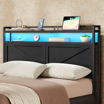 Queen Size Headboard with Charging Station, LED - Black - HWLEXTRA 