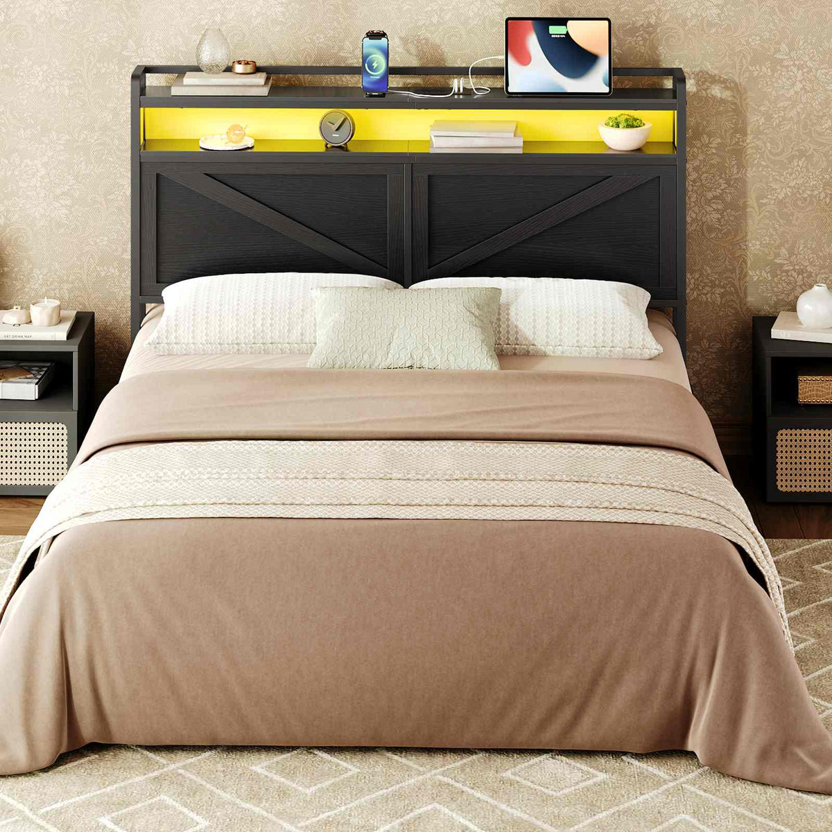 Queen Size Headboard with Charging Station, LED - Black - HWLEXTRA 