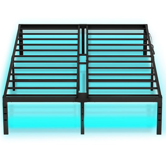 Full Bed Frame with LED Lights Charging Station - Black - HWLEXTRA 