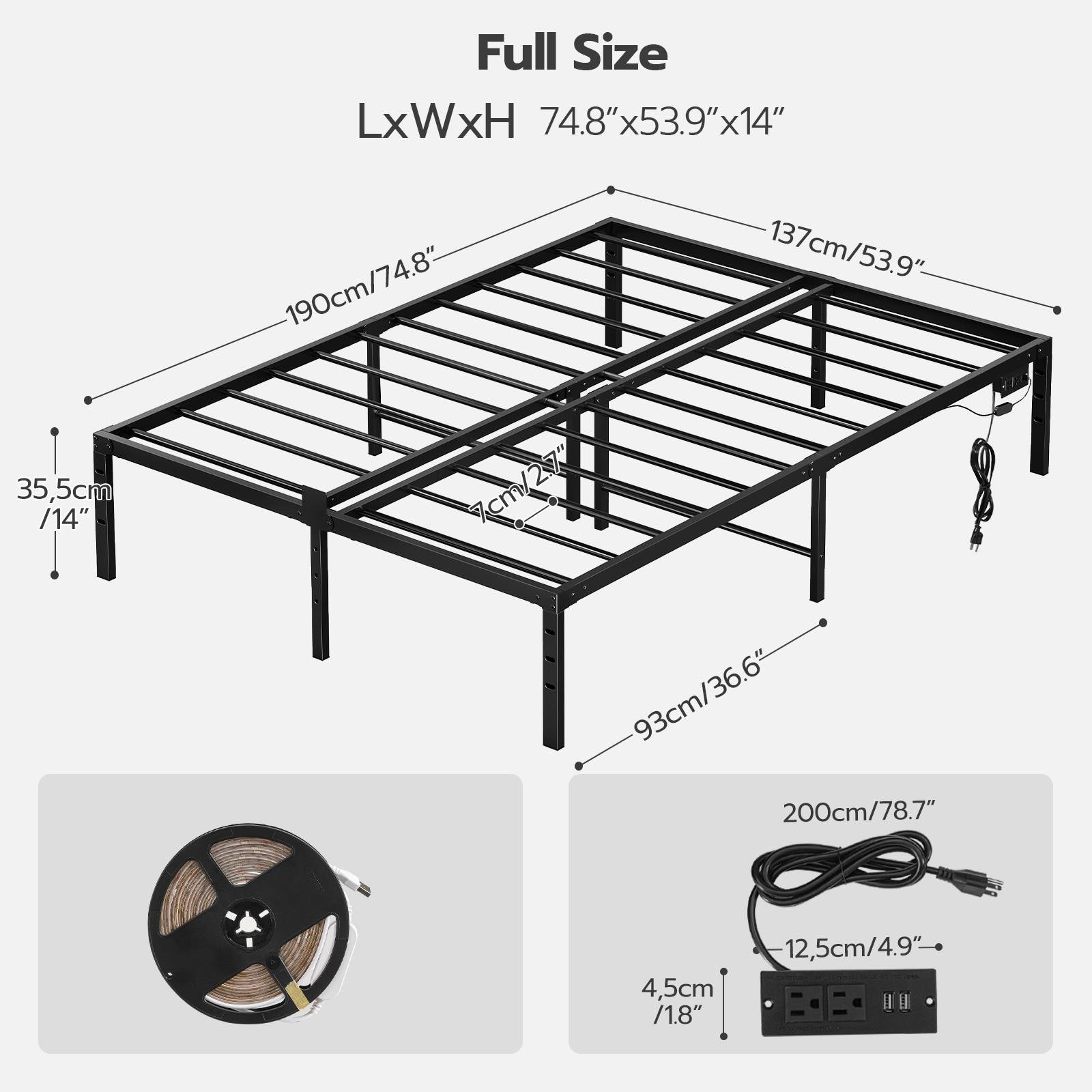 Full Bed Frame with LED Lights Charging Station - Black - HWLEXTRA 