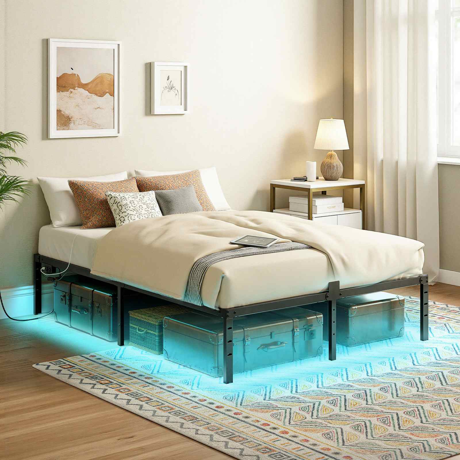 Full Bed Frame with LED Lights Charging Station - Black - HWLEXTRA 