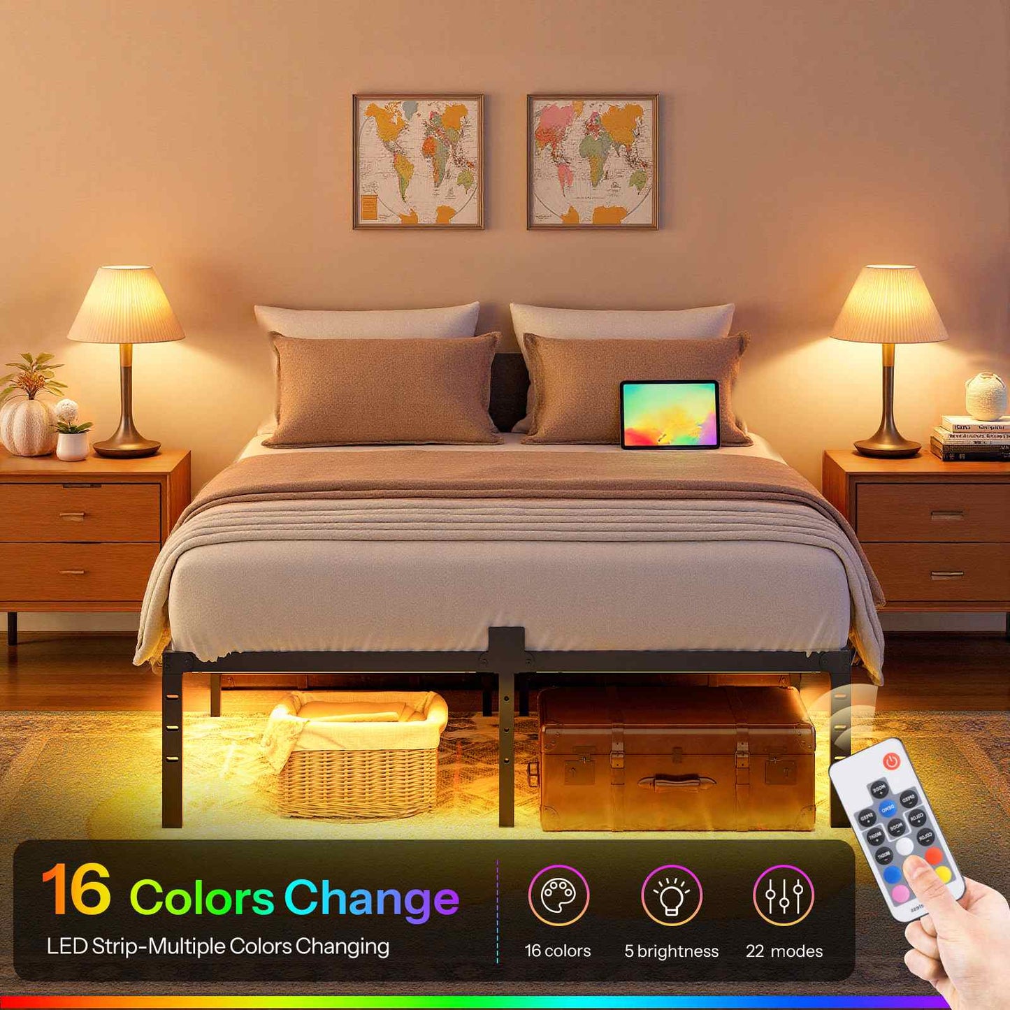 Full Bed Frame with LED Lights Charging Station - Black - HWLEXTRA 