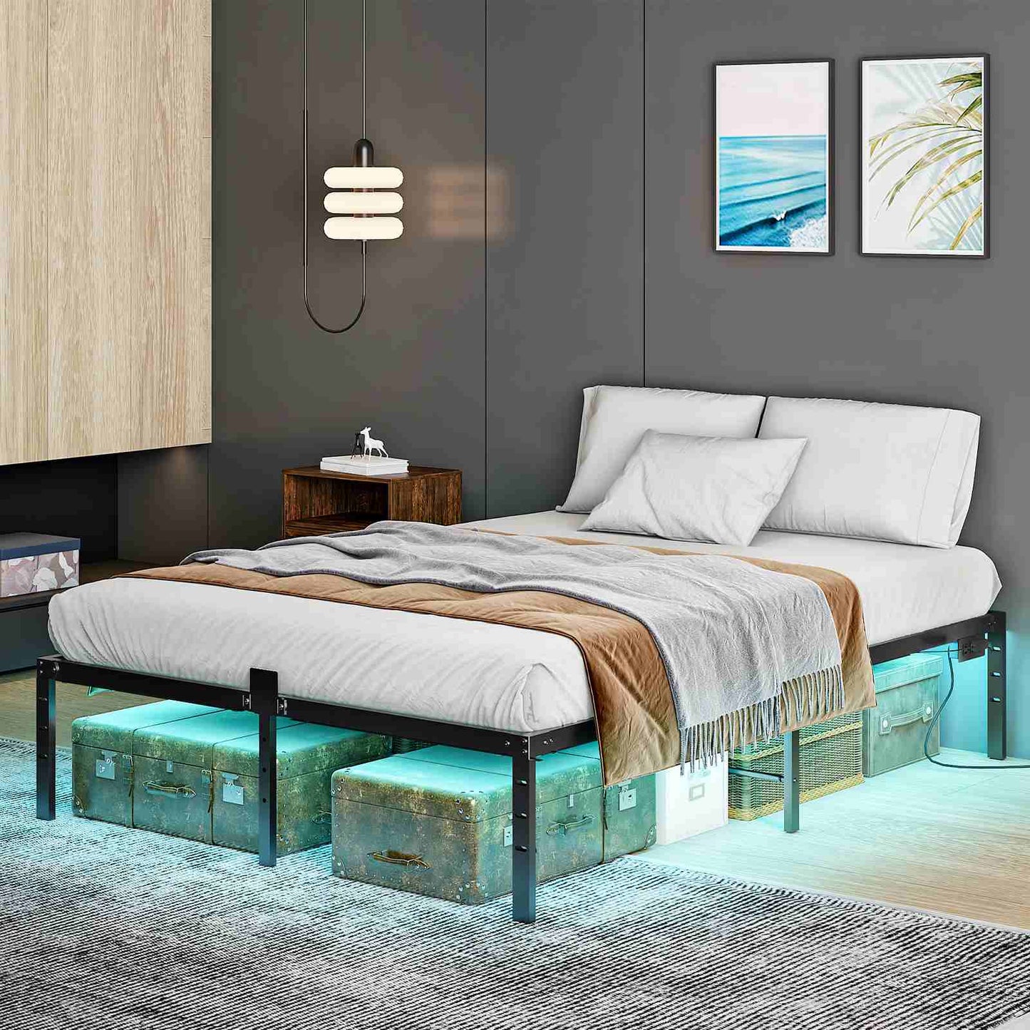 Full Bed Frame with LED Lights Charging Station - Black - HWLEXTRA 