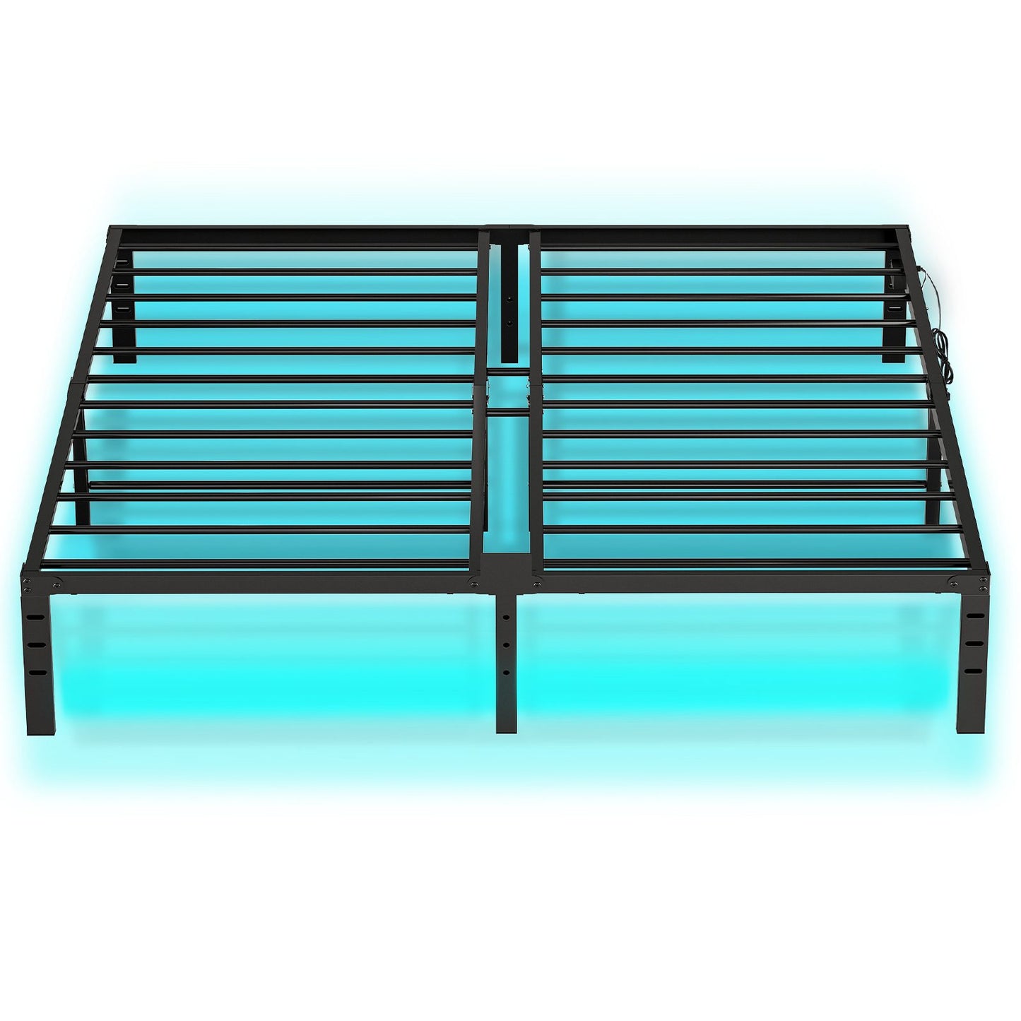 King Bed Frame with LED Lights Charging Station - Black