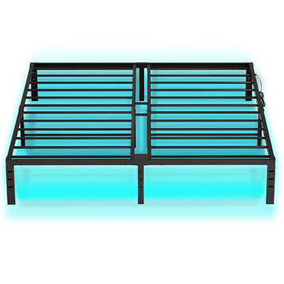 King Bed Frame with LED Lights Charging Station - Black