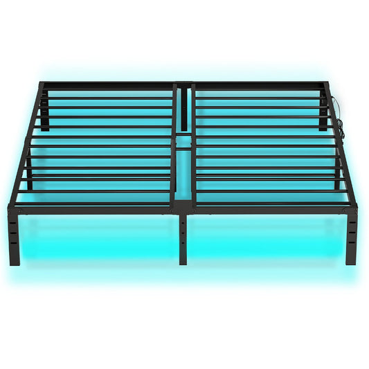 King Bed Frame with LED Lights Charging Station - Black
