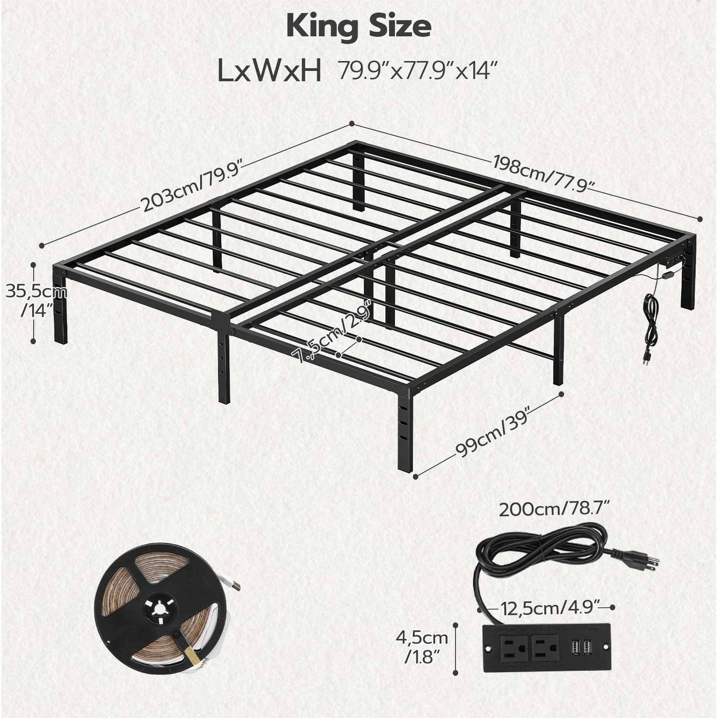King Bed Frame with LED Lights Charging Station - Black