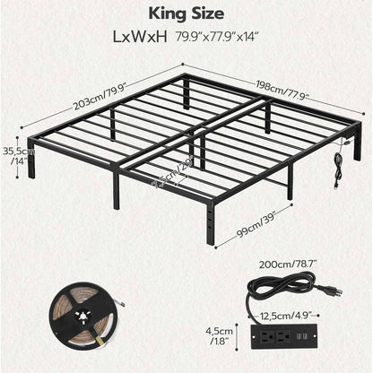 King Bed Frame with LED Lights Charging Station - Black